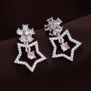Rhodium Plated Starry Floral Pink American Diamond Contemporary Drop Earrings