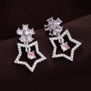 Rhodium Plated Silver Toned Starry Floral Shaped Pink & White American Diamond Studded Drop Earrings