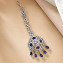 Rhodium Plated Silver Toned Floral Blue American Diamond Studded Maang Tikka with Elegant Dangling Stones