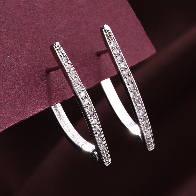 Rhodium Plated Silver Toned Geometric Shaped White American Diamond Studded Hoop Earrings