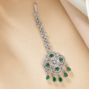 Rhodium Plated Silver Toned Floral Green American Diamond Studded Maang Tikka with Elegant Dangling Stones