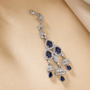 Rhodium Plated Silver Toned Blue & White American Diamond Bridal Maang Tikka With Dangling Teardrop Stones