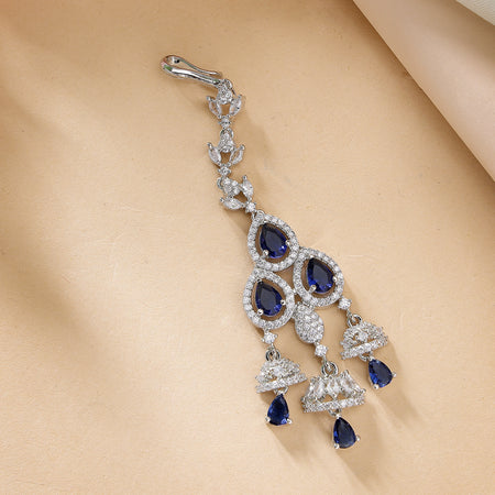 Rhodium Plated Silver Toned Blue & White American Diamond Bridal Maang Tikka With Dangling Teardrop Stones