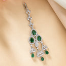 Rhodium Plated Silver Toned Green & White American Diamond Bridal Maang Tikka With Dangling Teardrop Stones