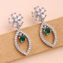 Rhodium Plated Silver Toned Floral Leaf Shaped Green & White American Diamond Studded Drop Earrings