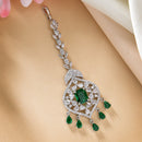 Rhodium Plated Silver Toned Green  American Diamond  Pear  Maang Tikka With Elegant Dangling Stones