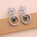 Rhodium Plated Silver Toned Floral Shaped Green & White American Diamond Studded Drop Earrings