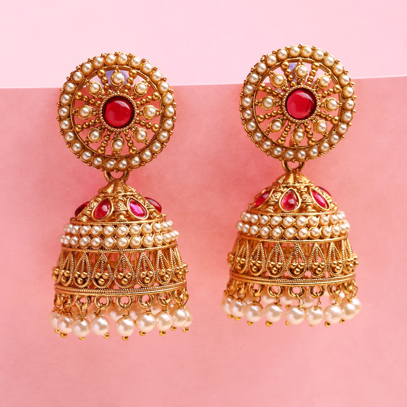 Traditional Gold Plated Red CZ Studded Pearl Beaded Jhumka Earrings