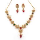 Gold Toned Brass Floral AD Necklace Set for Women Traditional Multicolor Stone Necklace Set