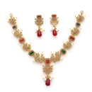Gold Toned Brass Floral AD Necklace Set for Women Traditional Multicolor Stone Necklace Set