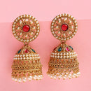 Traditional Gold Plated Red & Green CZ Studded Pearl Beaded Jhumka Earrings