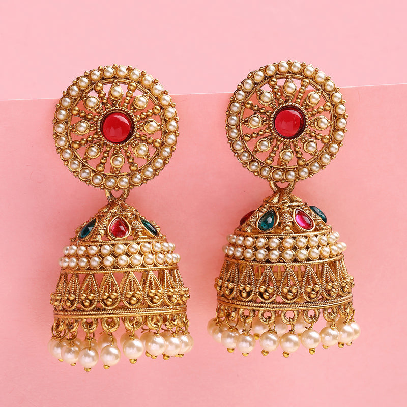 Traditional Gold Plated Red & Green CZ Studded Pearl Beaded Jhumka Earrings