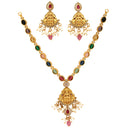 Gold Plated South Indian Temple Jewelry Lakshmi Pendant Necklace Set with Earrings Jewellery Set For Women & Girls (Navratna Style Colorful Stone Necklace)