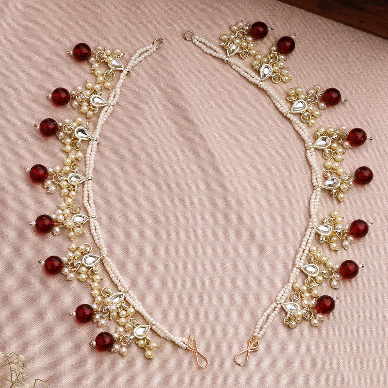 Traditional Gold Plated Kundan Studded Red And White Pearl Beaded Multilayer Ear Chain Earrings