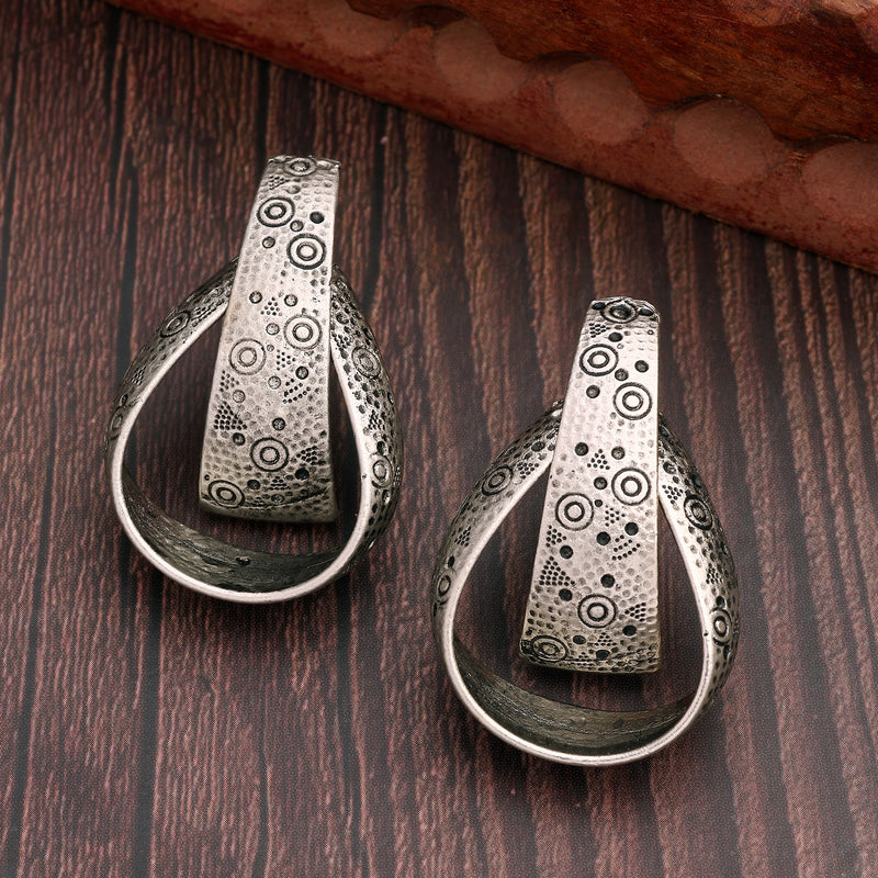 Oxidised Silver Toned Unique Engraved Design Tribal Style Drop Earrings