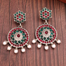 Oxidised Silver Toned Circular Shaped Red & Blue Stone Studded Pearl Beaded Drop Earrings