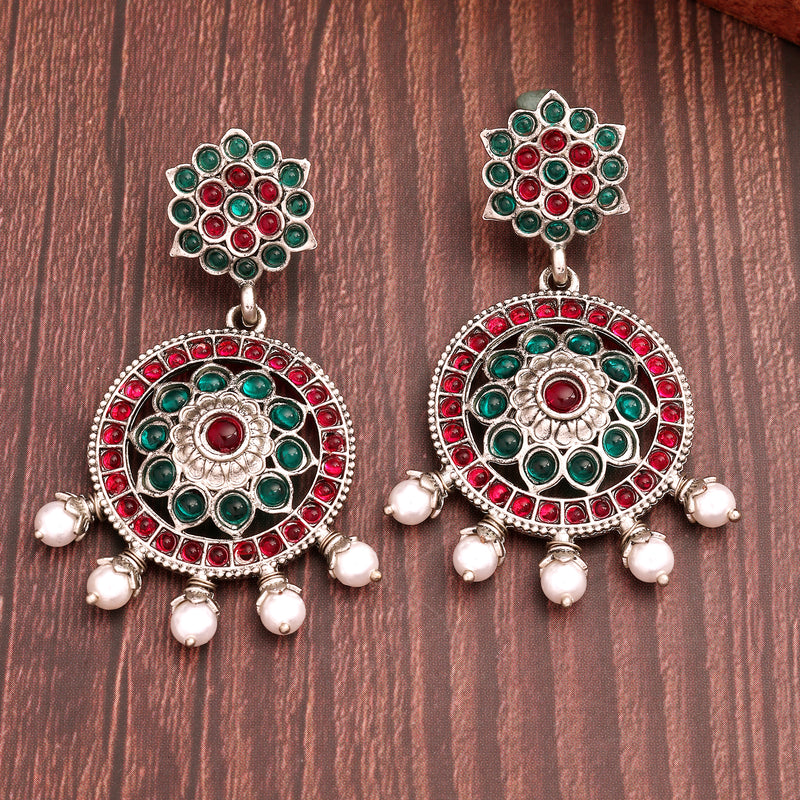 Oxidised Silver Toned Circular Shaped Red & Blue Stone Studded Pearl Beaded Drop Earrings
