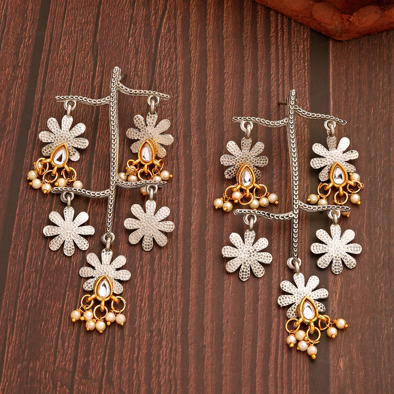 Oxidised Dual Toned Floral Shaped Pearl Beaded Dangler Earrings