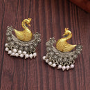 Oxidized Gold Plated Dual Toned Swan Shaped White Pearl Studded Earrings