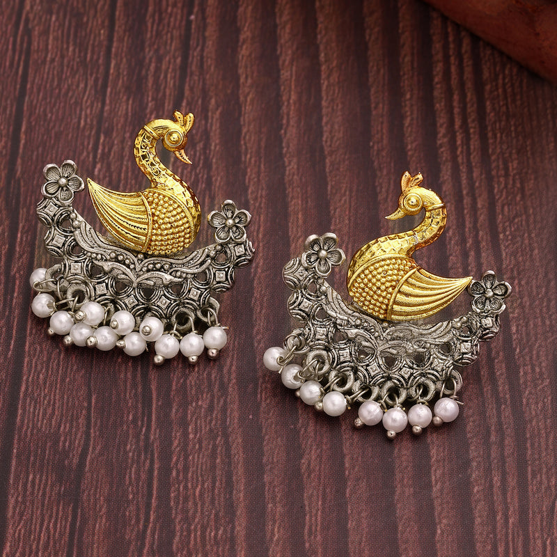 Oxidized Gold Plated Dual Toned Swan Shaped White Pearl Studded Earrings