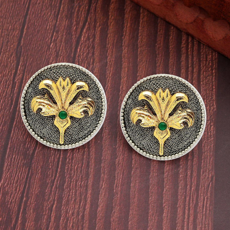 Oxidised Gold Plated Dual Toned Coin Shaped Floral Stud Earrings