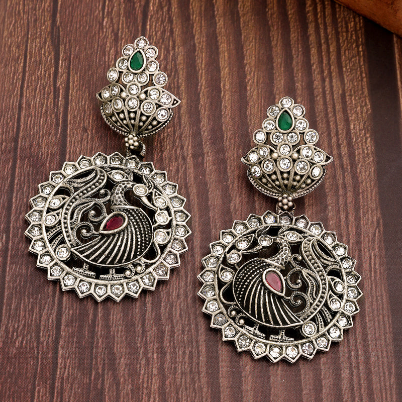 Oxidised Silver Toned Peacock Shaped Cubic Zirconia Stone Studded Drop Earrings