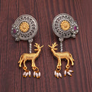 Oxidised Gold Plated Dual Toned Deer Shaped Pearl Beaded Drop Earrings