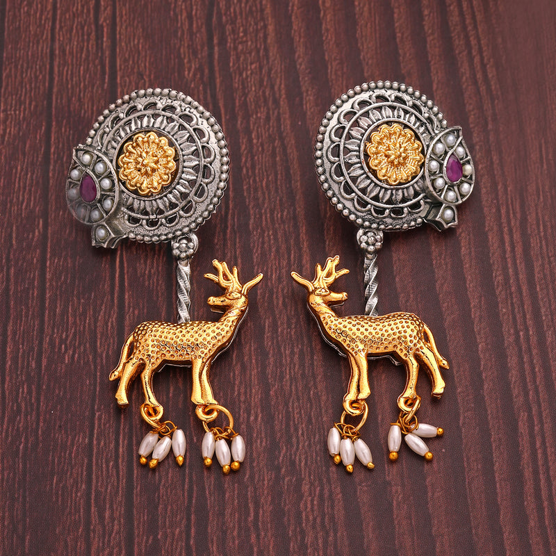 Oxidised Gold Plated Dual Toned Deer Shaped Pearl Beaded Drop Earrings