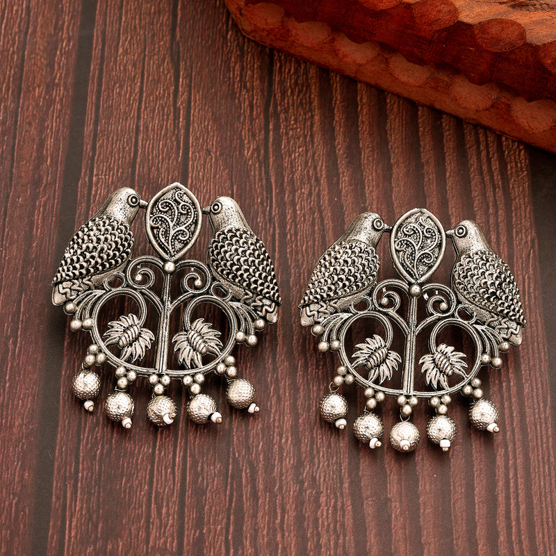 Oxidised Silver Toned Bird Shaped Pearl Beaded Earrings