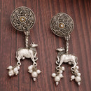 Oxidised Silver Toned Nandi Maharaj Pearl Studded Drop Earrings