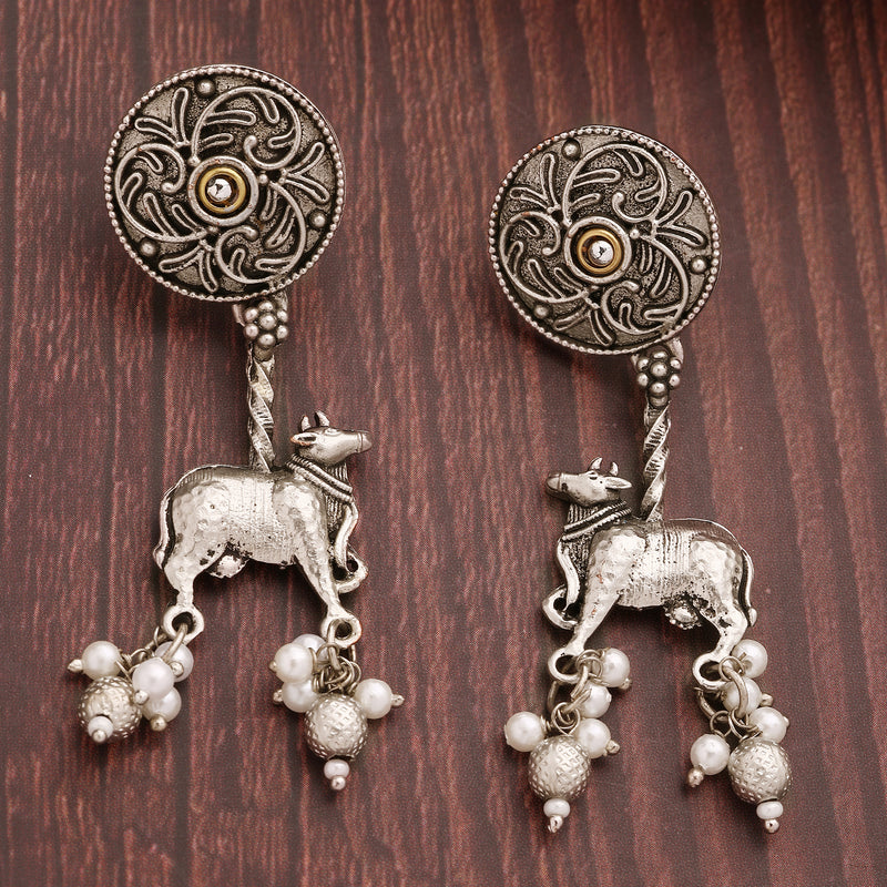 Oxidised Silver Toned Nandi Maharaj Pearl Studded Drop Earrings