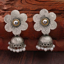 Oxidised Silver Toned Floral White Pearl Studded Jhumki Earrings