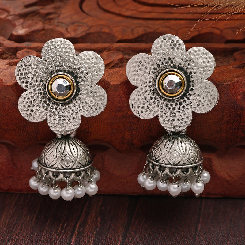 Oxidised Silver Toned Floral White Pearl Studded Jhumki Earrings
