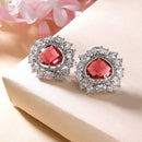 Rhodium Plated Round Floral Design with Red & White American Diamond Stud Earrings