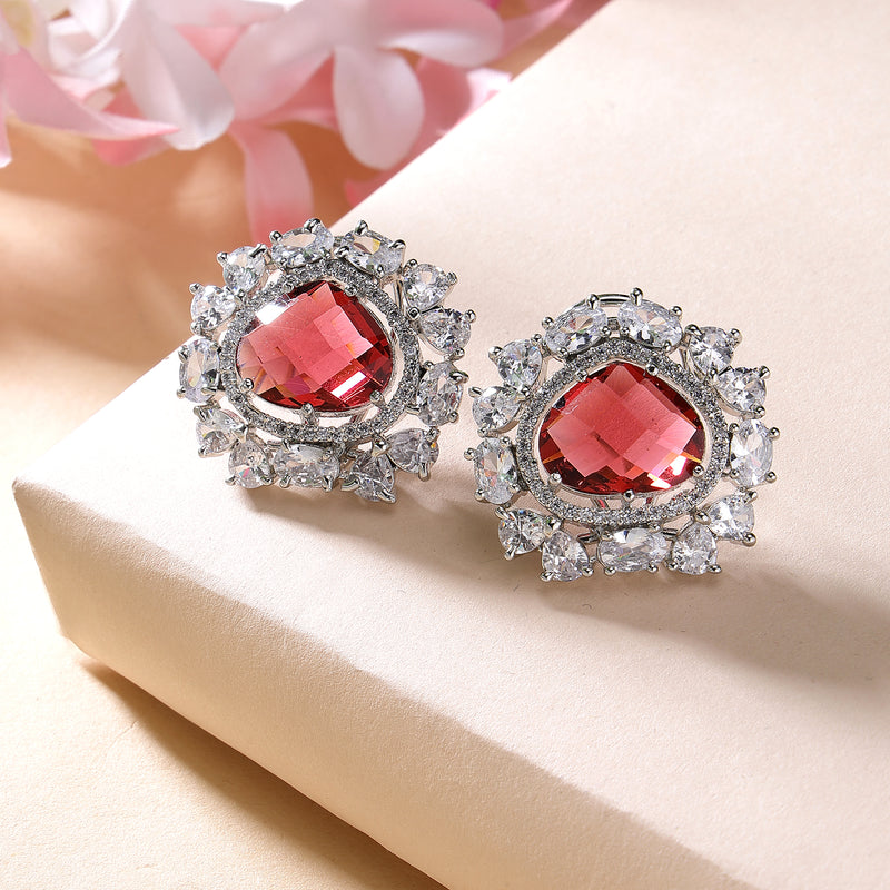 Rhodium Plated Round Floral Design with Red & White American Diamond Stud Earrings