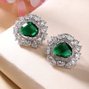Rhodium Plated Round Floral Design with Green & White American Diamond Stud Earrings