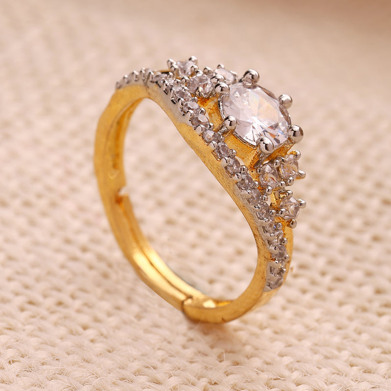 Gold Plated Gold Toned White American Diamond Studded Sparkling Adjustable Ring