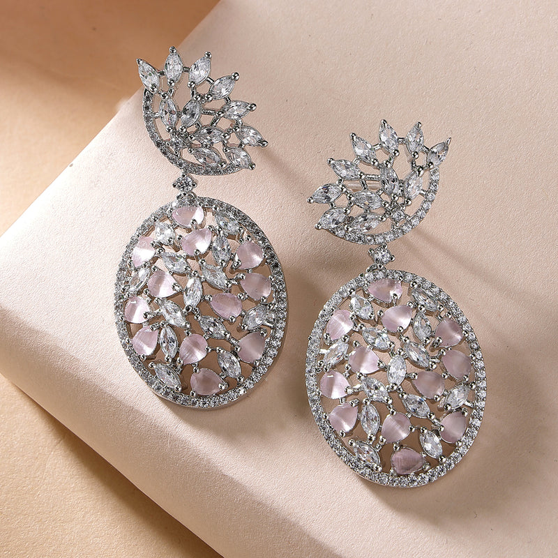 Rhodium Plated Tiny Tear Drops Pink & White American diamond Small Drop Earrings