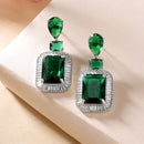Rhodium Plated Rectangular Shape Green American Diamond Contemporary Long Drop Earrings