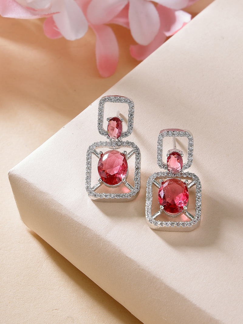 Rhodium Plated with Red American Diamond Stylish Square Shaped Small Drop Earrings