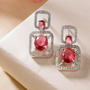 Rhodium Plated with Red American Diamond Stylish Square Shaped Small Drop Earrings