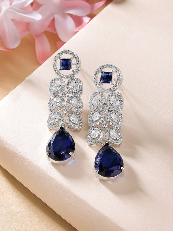 Rhodium Plated Silver Toned with Blue American Diamond Small Drop Earrings