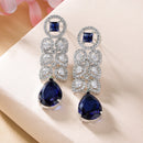 Rhodium Plated Sleek Oval Blue American Diamond Contemporary Long Drop Earrings