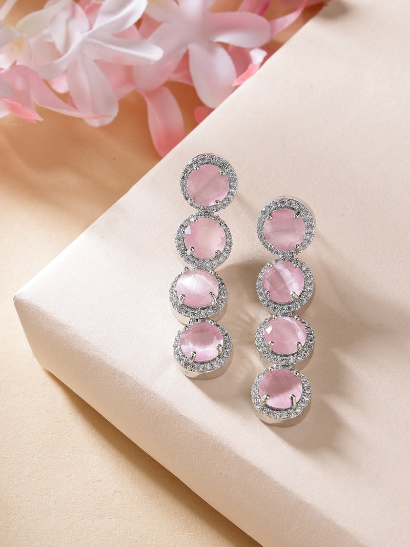 Rhodium Plated Silver Toned with Pink American Diamonds Dangler earrings