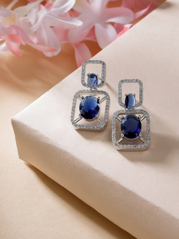 Rhodium Plated with Blue American Diamond Stylish Square Shaped Small Drop Earrings