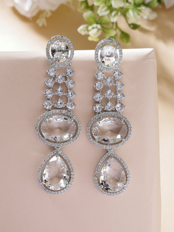 Rhodium Plated with Long Tear Drop Design White American Diamond Drop Earrings