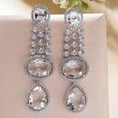 Rhodium Plated with Long Tear Drop Design White American Diamond Drop Earrings