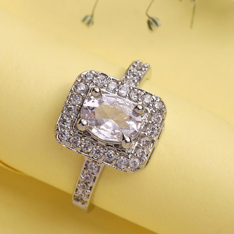 Rhodium Plated Silver Toned Square Shaped White American Diamond Studded Adjustable Ring