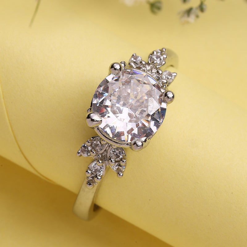 Rhodium Plated Silver Toned Stylish Sleek White American Diamond Studded Adjustable Ring