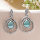 Rhodium Plated Silver Toned with Teardrop Shaped Ocean Blue & White American Diamond Drop Earrings